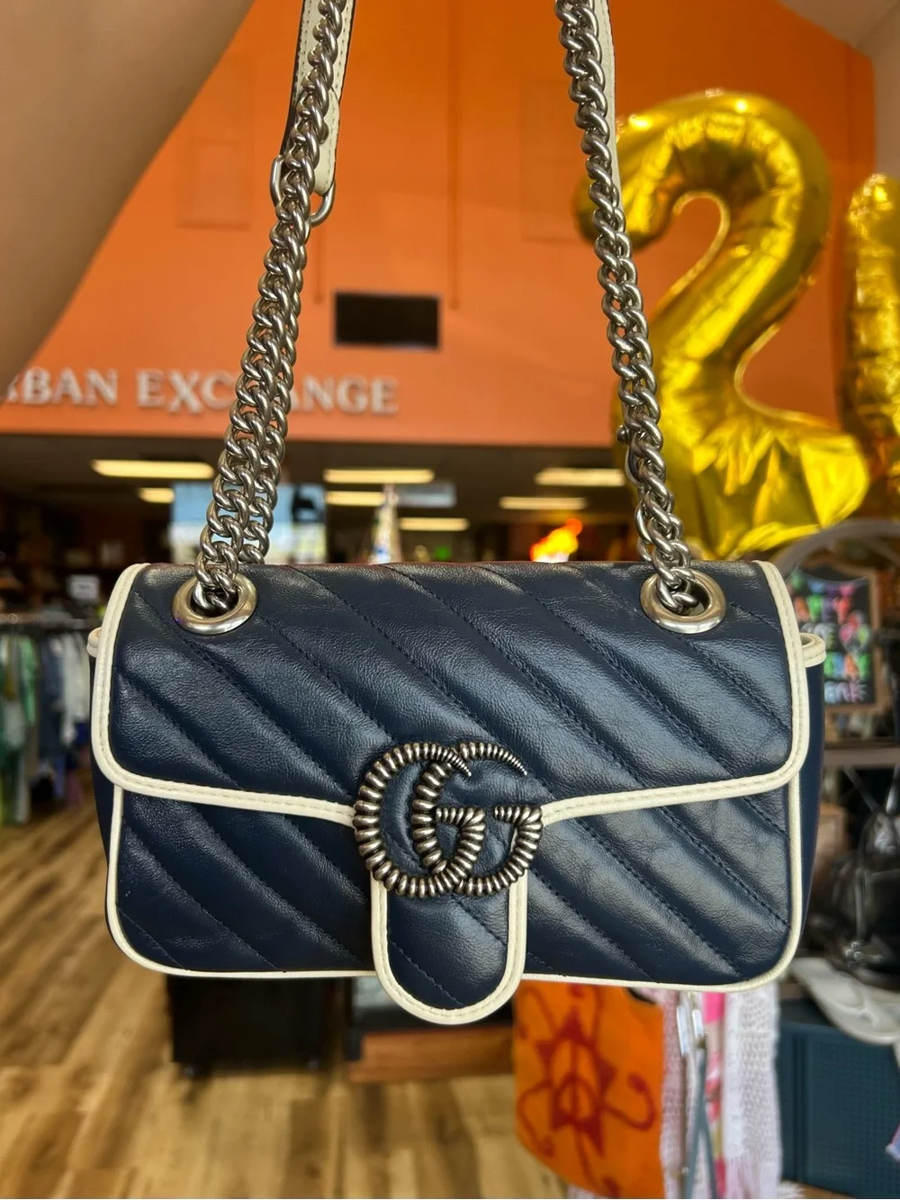 Navy Gucci Marmont Chain Shoulder Bag